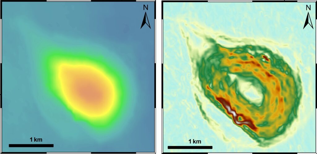 Analiza numerycznego modelu terenu dla stożka N01, która została opracowna na podstawie zdjęć CTX. Po lewej została przedstawiona mapa topograficzna, natomiast po lewej analiza nachylenia stoków.